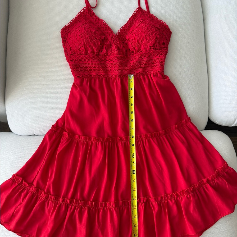 Red Lace Trim Party Summer Dress Xs - Picture 5 of 7